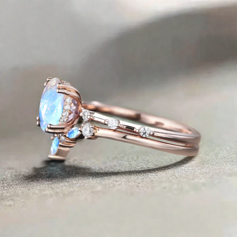 Vintage Oval Shape Moonstone Enhancer Ring Set Unique Moon Gemstone Promise Bridal Ring Set