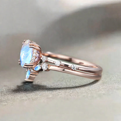 Vintage Oval Shape Moonstone Enhancer Ring Set Unique Moon Gemstone Promise Bridal Ring Set