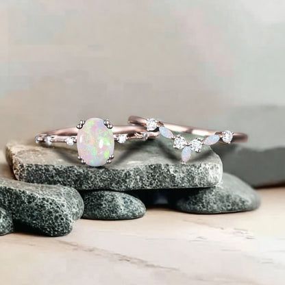 Vintage Oval Shape Opal Enhancer Ring Set Unique Opal Gemstone Promise Bridal Ring Set