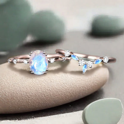Vintage Oval Shape Moonstone Enhancer Ring Set Unique Moon Gemstone Promise Bridal Ring Set