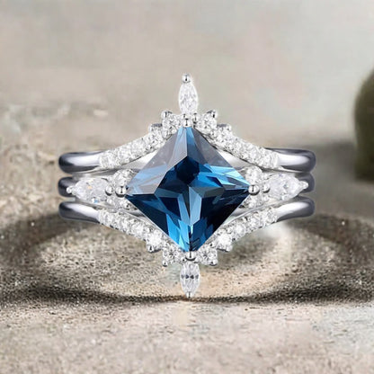 Vintage Birnenform Aquamarin Verlobungsring Set Unikat Versprechen Brautring Set Jubiläumsgeschenk