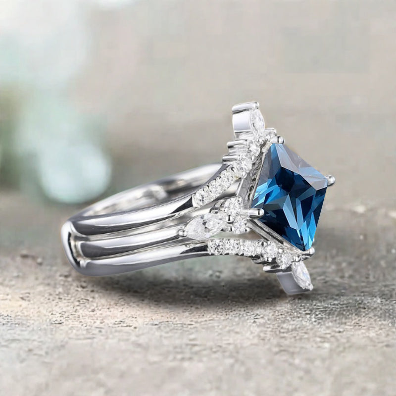 Vintage Birnenform Aquamarin Verlobungsring Set Unikat Versprechen Brautring Set Jubiläumsgeschenk