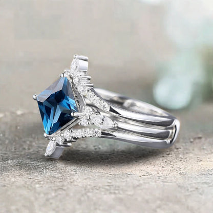 Vintage Birnenform Aquamarin Verlobungsring Set Unikat Versprechen Brautring Set Jubiläumsgeschenk
