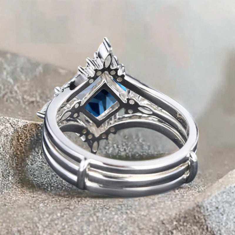 Vintage Birnenform Aquamarin Verlobungsring Set Unikat Versprechen Brautring Set Jubiläumsgeschenk