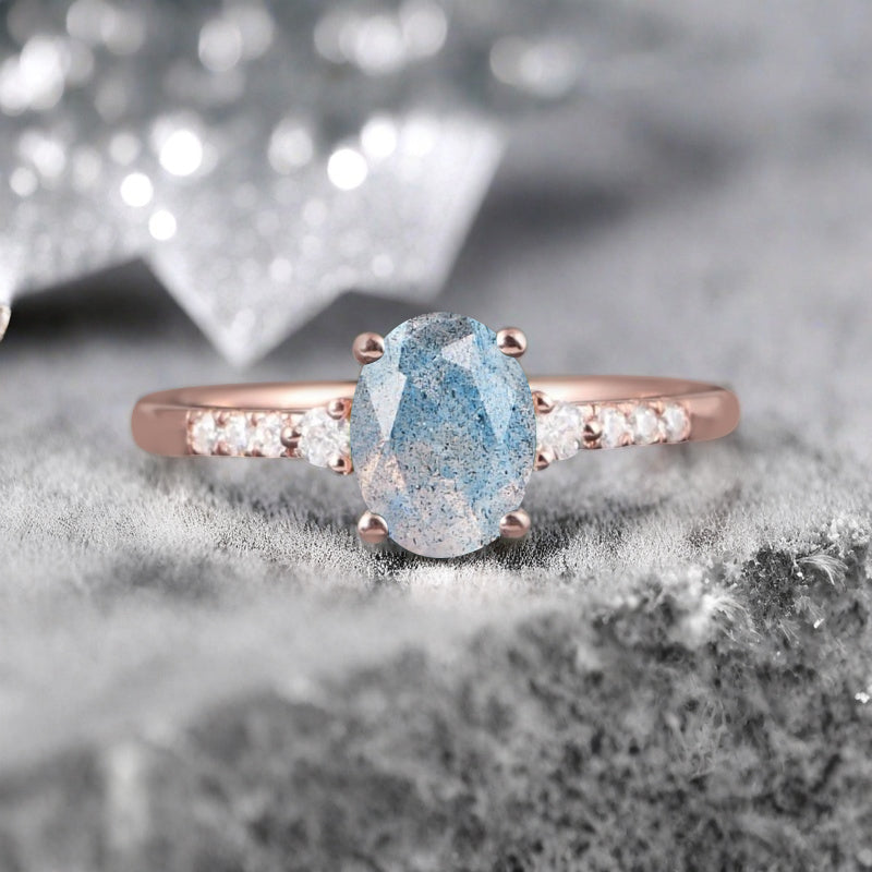 Oval Shape Labradorite Ring Vintage Engagement Ring 10K Rose Gold Unique Bridal Ring Anniversary Gift Ring