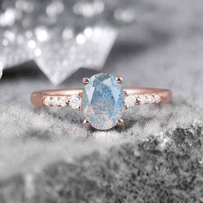 Oval Shape Labradorite Ring Vintage Engagement Ring 10K Rose Gold Unique Bridal Ring Anniversary Gift Ring