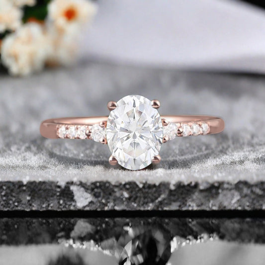 Oval Shape Moissanite Ring Vintage Engagement Ring 10K Rose Gold Unique Bridal Ring Anniversary Gift Ring