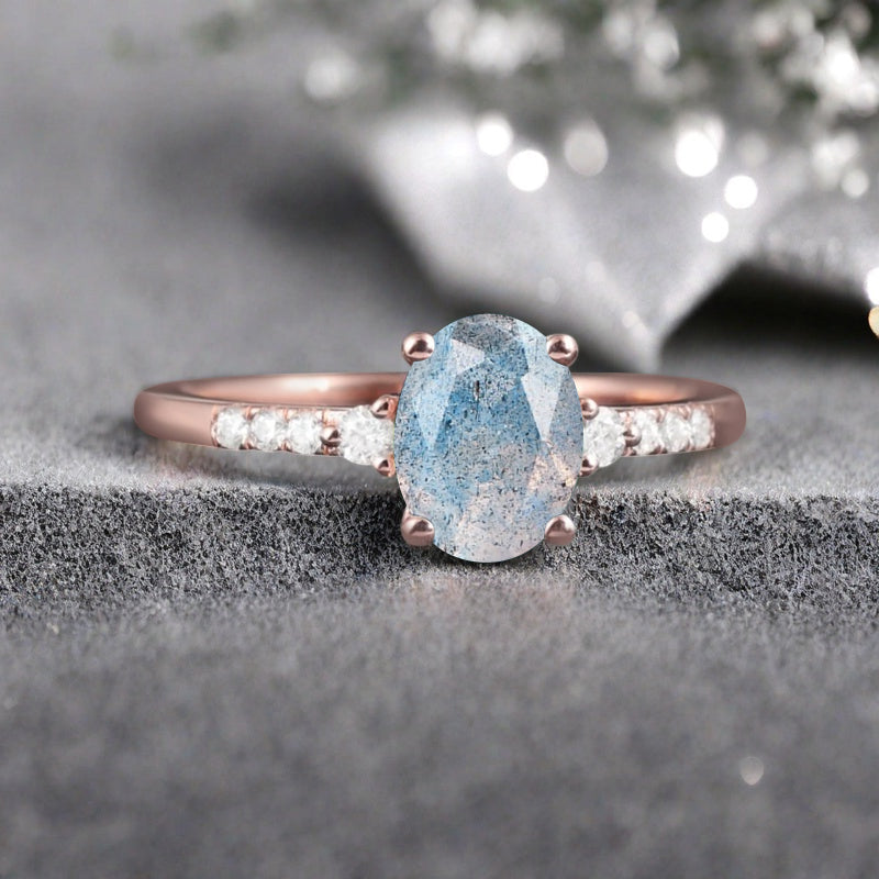 Oval Shape Labradorite Ring Vintage Engagement Ring 10K Rose Gold Unique Bridal Ring Anniversary Gift Ring