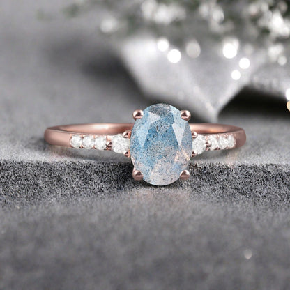 Oval Shape Labradorite Ring Vintage Engagement Ring 10K Rose Gold Unique Bridal Ring Anniversary Gift Ring