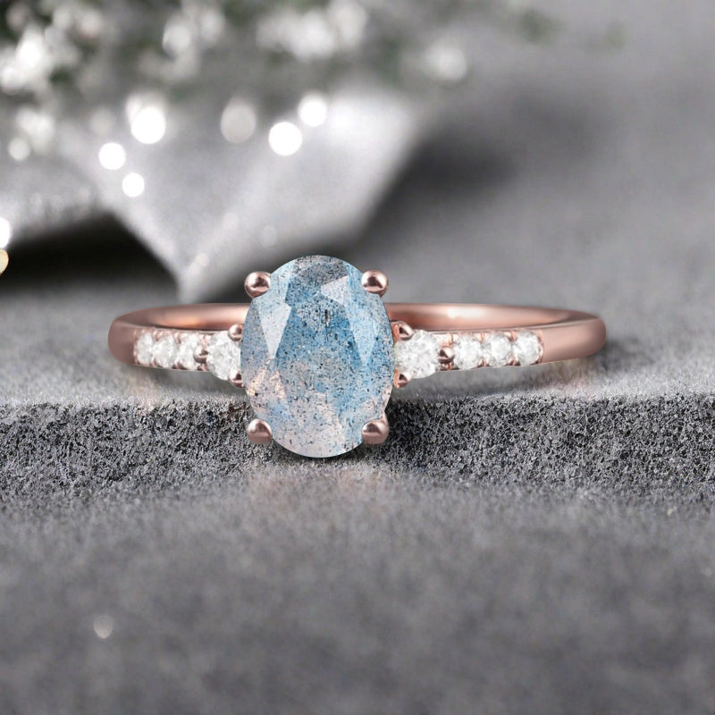 Oval Shape Labradorite Ring Vintage Engagement Ring 10K Rose Gold Unique Bridal Ring Anniversary Gift Ring