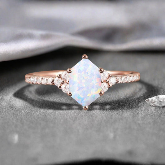 Vintage Unique Opal Engagement Ring Solid 14K Gold White Opal Ring July Birthstone Ring Delicate Opal Gemstone Ring Handmade Bridal Jewelry