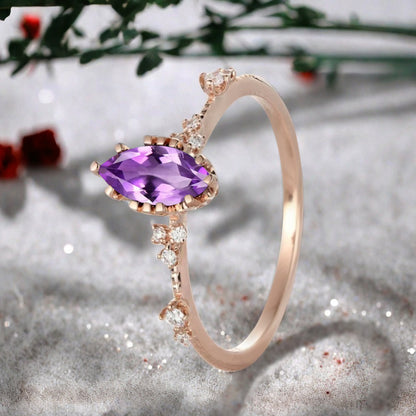 Marquise Cut Amethyst Ring Vintage Solid Gold Engagement Ring Purple Amethyst Ring Unique Moissanite Bridal Wedding Anniversary Gift For Her