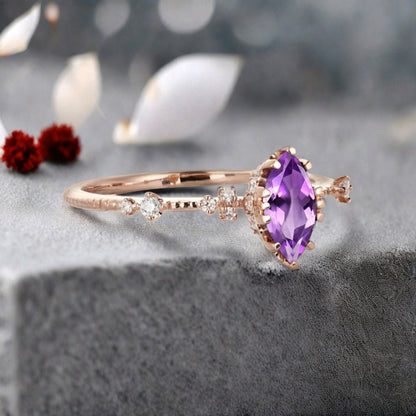 Marquise Cut Amethyst Ring Vintage Solid Gold Engagement Ring Purple Amethyst Ring Unique Moissanite Bridal Wedding Anniversary Gift For Her
