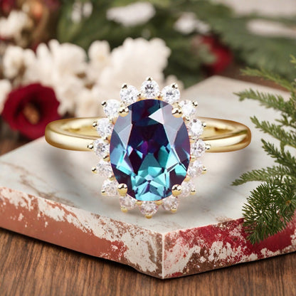 Vintage Alexandrite Engagement Ring Oval Shape Anniversary Ring Solid Gold Solitaire Unique Alexandrite Ring for Women Ver.2