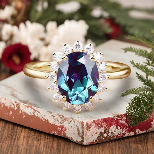 Vintage Alexandrite Engagement Ring Oval Shape Anniversary Ring Solid Gold Solitaire Unique Alexandrite Ring for Women Ver.2