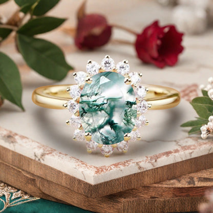 Vintage Moss Agate Engagement Ring Oval Shape Anniversary Ring Solid Gold Solitaire Unique Moss Agate Ring for Women Ver.2