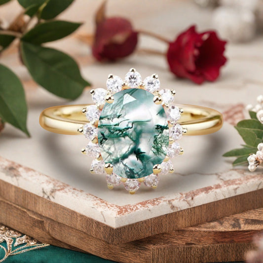 Vintage Moss Agate Engagement Ring Oval Shape Anniversary Ring Solid Gold Solitaire Unique Moss Agate Ring for Women Ver.2