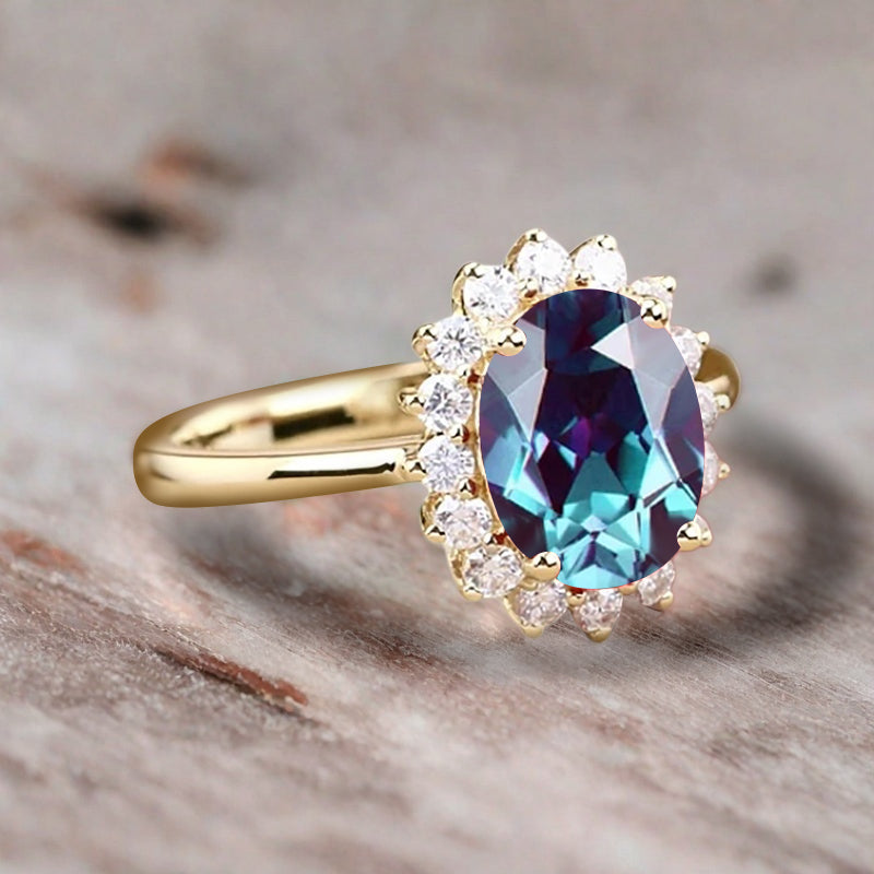 Vintage Alexandrite Engagement Ring Oval Shape Anniversary Ring Solid Gold Solitaire Unique Alexandrite Ring for Women Ver.2