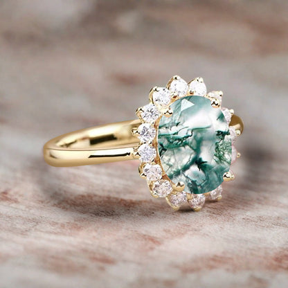 Vintage Moss Agate Engagement Ring Oval Shape Anniversary Ring Solid Gold Solitaire Unique Moss Agate Ring for Women Ver.2
