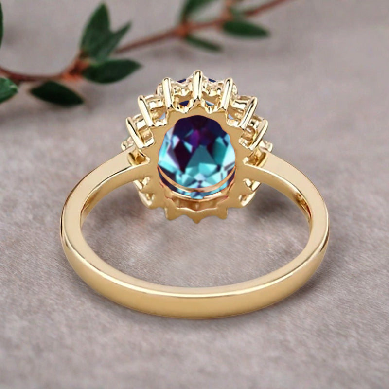 Vintage Alexandrite Engagement Ring Oval Shape Anniversary Ring Solid Gold Solitaire Unique Alexandrite Ring for Women Ver.2