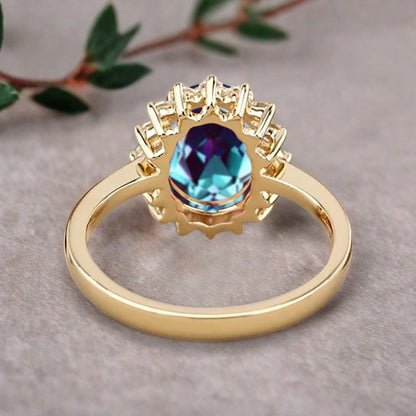Vintage Alexandrite Engagement Ring Oval Shape Anniversary Ring Solid Gold Solitaire Unique Alexandrite Ring for Women Ver.2