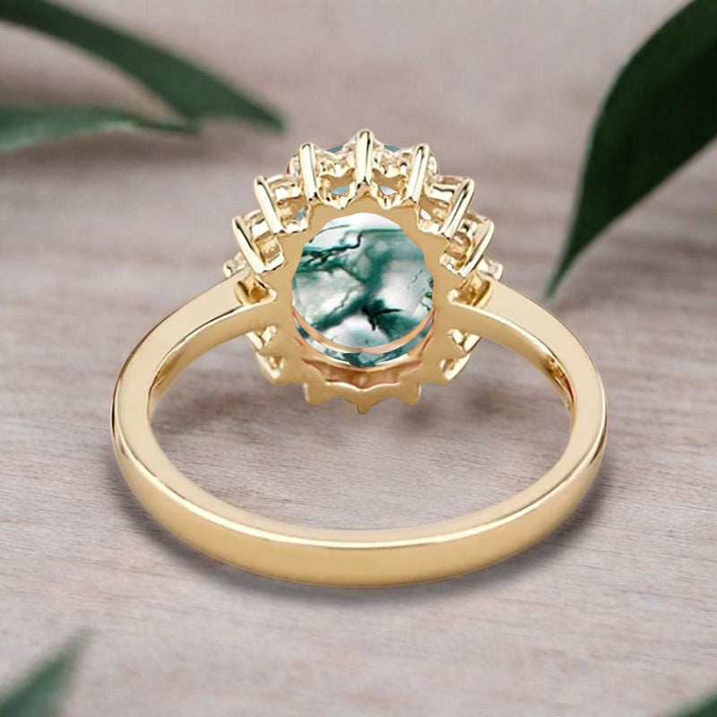 Vintage Moss Agate Engagement Ring Oval Shape Anniversary Ring Solid Gold Solitaire Unique Moss Agate Ring for Women Ver.2