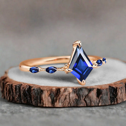 Kite cut Blue Topaz engagement ring Unique Rose gold engagement ring Vintage Moissanite ring Art deco bridal ring Promise ring Anniversary gift
