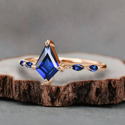 Kite cut Blue Topaz engagement ring Unique Rose gold engagement ring Vintage Moissanite ring Art deco bridal ring Promise ring Anniversary gift