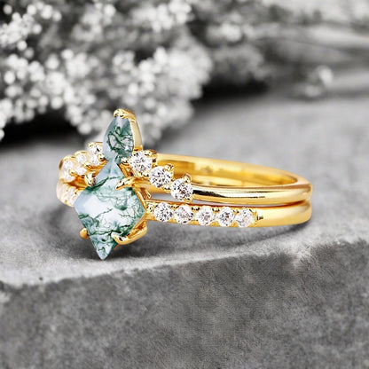 Vintage Kite Cut moss agate engagement ring set Rose gold Stackable ring unique bridal wedding ring set gift