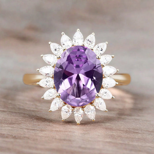 Vintage Amethyst Engagement Ring Oval Shape Anniversary Ring Solid Gold Solitaire Unique Amethyst Ring for Women Ver.2