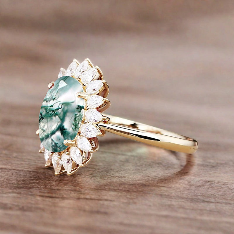 Vintage Moss Agate Engagement Ring Oval Shape Anniversary Ring Solid Gold Solitaire Unique Moss Agate Ring for Women Ver.2