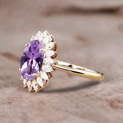 Vintage Amethyst Engagement Ring Oval Shape Anniversary Ring Solid Gold Solitaire Unique Amethyst Ring for Women Ver.2