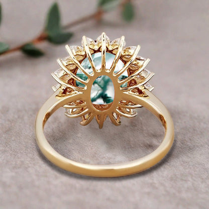 Vintage Moss Agate Engagement Ring Oval Shape Anniversary Ring Solid Gold Solitaire Unique Moss Agate Ring for Women Ver.2
