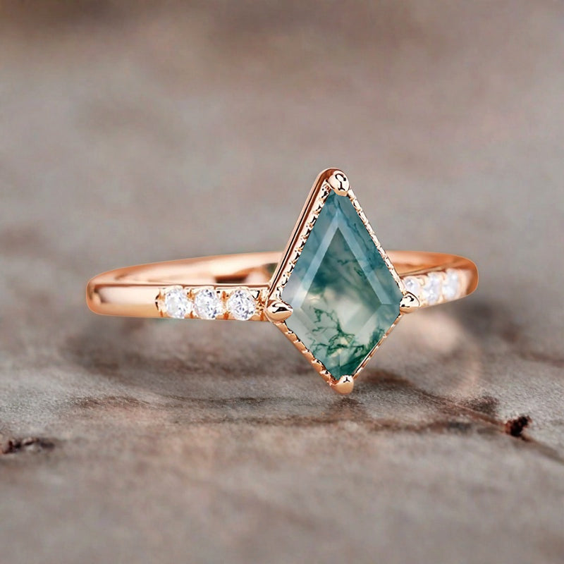 Kite cut Moss Agate engagement ring Vintage Moissanite Ring Band Art deco bridal ring Anniversary gift