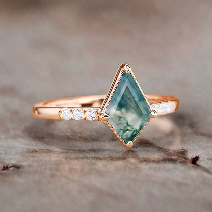 Kite cut Moss Agate engagement ring Vintage Moissanite Ring Band Art deco bridal ring Anniversary gift