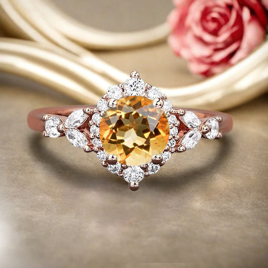 Vintage Citrine Engagement Ring Round Shape Anniversary Ring Moissanite Decorated Ring for Women