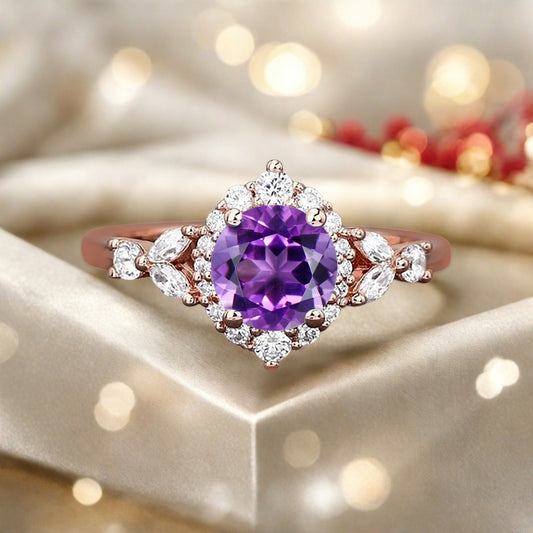 Vintage Amethyst Engagement Ring Round Shape Anniversary Ring Moissanite Decorated Ring for Women