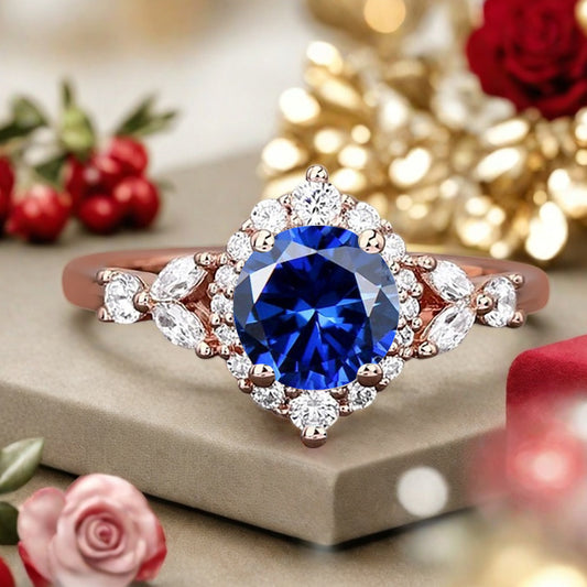 Vintage Blue Topaz Engagement Ring Round Shape Anniversary Ring Moissanite Decorated Ring for Women