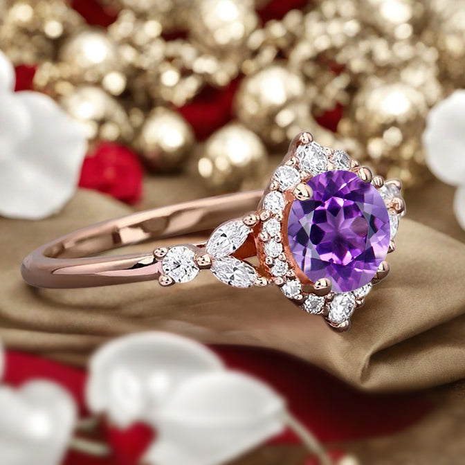 Vintage Amethyst Engagement Ring Round Shape Anniversary Ring Moissanite Decorated Ring for Women
