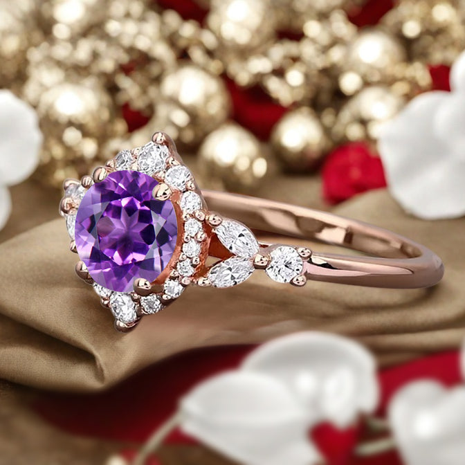 Vintage Amethyst Engagement Ring Round Shape Anniversary Ring Moissanite Decorated Ring for Women