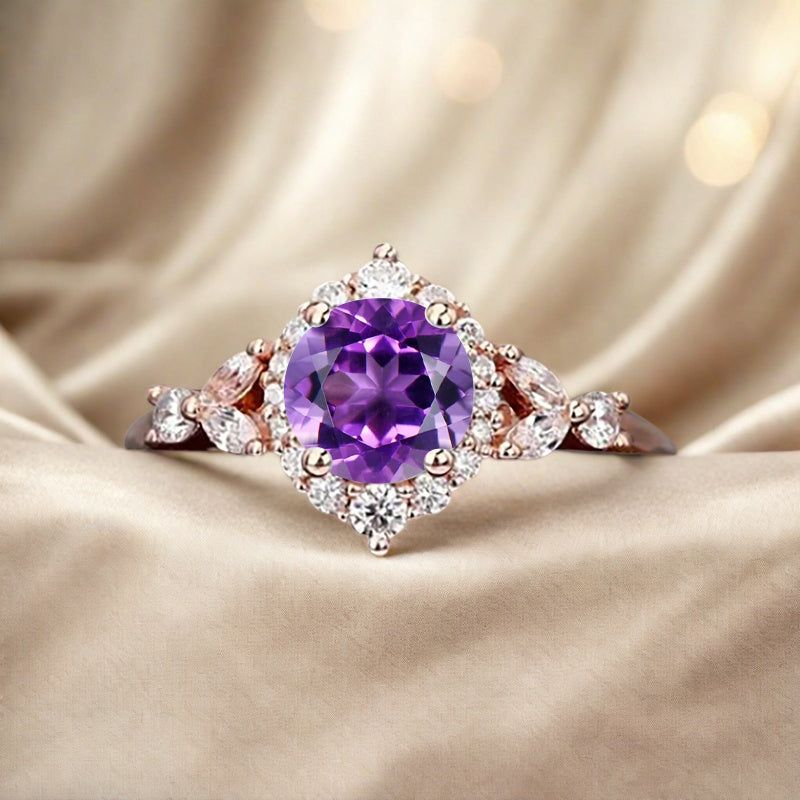 Vintage Amethyst Engagement Ring Round Shape Anniversary Ring Moissanite Decorated Ring for Women