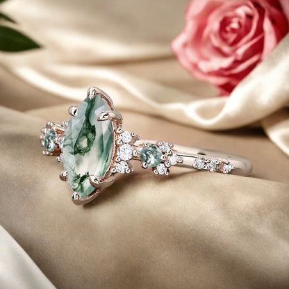 Vintage Marquise Cut Natural Moss Agate Engagement Ring Sets Nature Inspired Moissanite Cluster Promise Ring Rose Gold Art Deco Women Gift