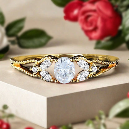 Vintage Birnenform Aquamarin Verlobungsring Set Unikat Versprechen Brautring Set Jubiläumsgeschenk