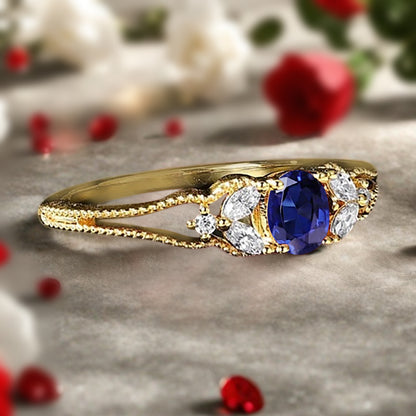 Blue Topaz Engagement Ring Vintage 18K Solid Gold Wedding Ring Split Diamond Art Deco Bridal Ring Jewelry Gift For Her