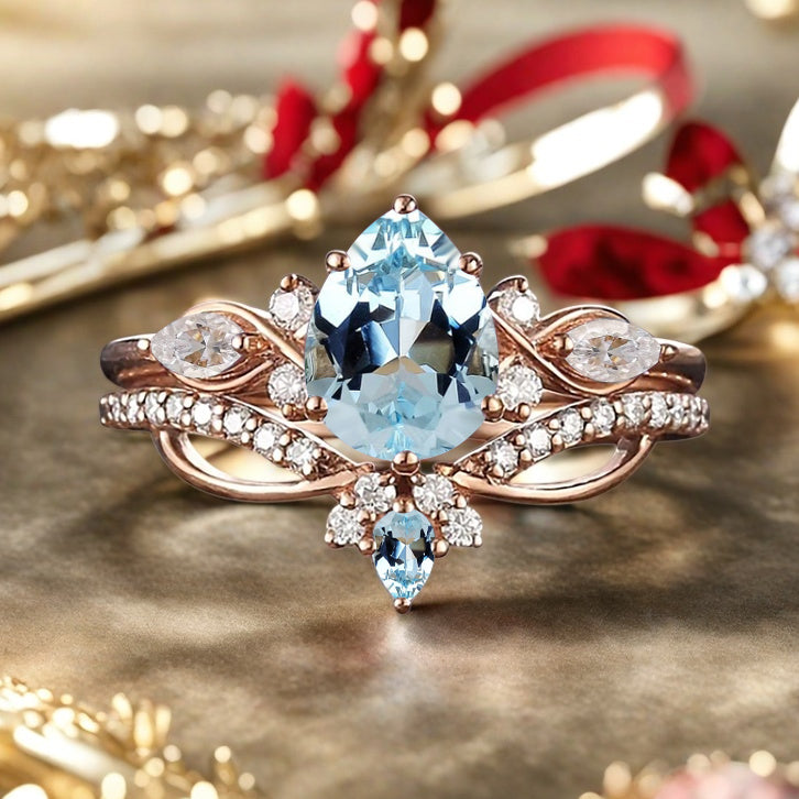 Vintage Birnenform Aquamarin Verlobungsring Set Unikat Versprechen Brautring Set Jubiläumsgeschenk