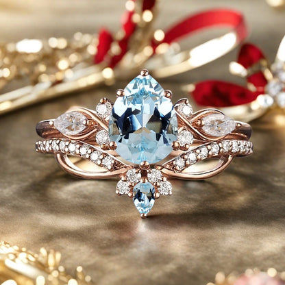 Vintage Birnenform Aquamarin Verlobungsring Set Unikat Versprechen Brautring Set Jubiläumsgeschenk
