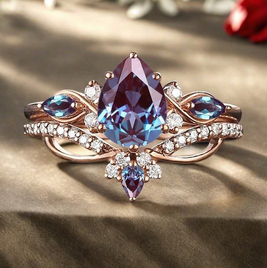 Vintage Pear Shape Alxandrite Engagement Ring Set Unique Gemstone Promise Bridal Ring Set Anniversary Gift