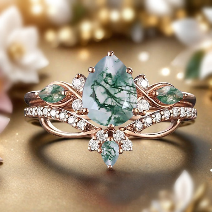Vintage Pear Shape Moss Agate Engagement Ring Set Unique Gemstone Promise Bridal Ring Set Anniversary Gift