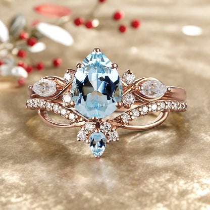Vintage Birnenform Aquamarin Verlobungsring Set Unikat Versprechen Brautring Set Jubiläumsgeschenk