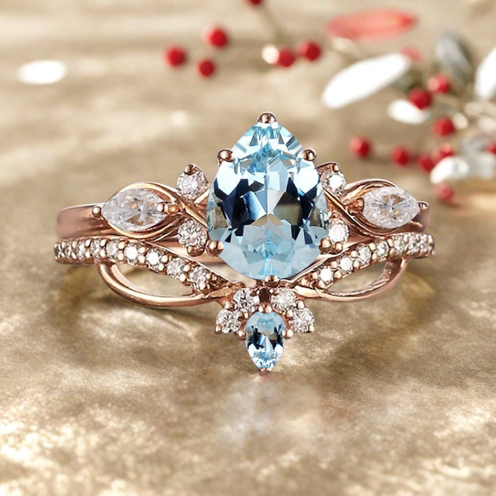 Vintage Birnenform Aquamarin Verlobungsring Set Unikat Versprechen Brautring Set Jubiläumsgeschenk
